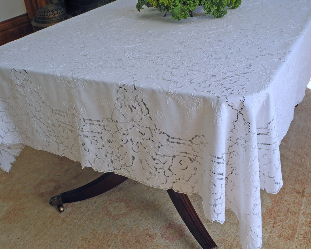 Pure linen dining tablecloth decorated with top quality drawn work ...